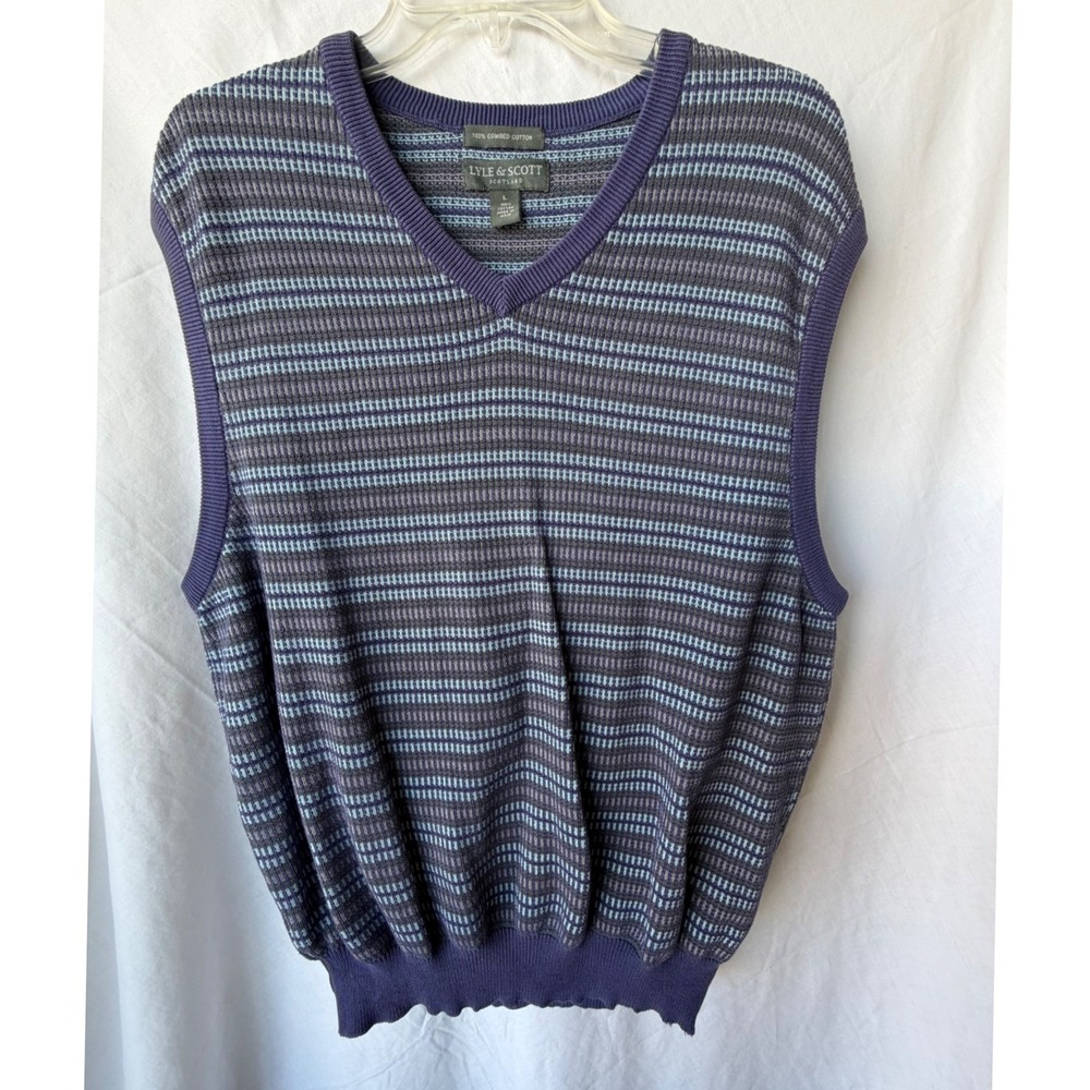 100%‎ Cotton Lyle & Scott Golf Grandpa Sweater Vest Blue Purple Striped  Large